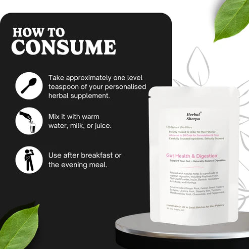 Herbal Sherpa-Gut health, Constipation, Restore Digestion. Leaky Gut Repair. Gas & Bloating Relief. Made to Order. 30-Day Supply.