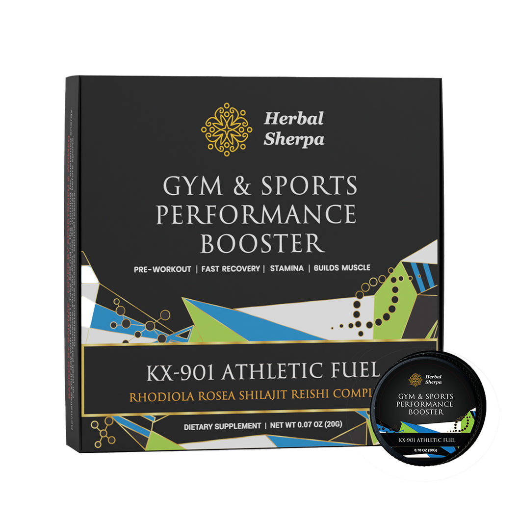 Bodybuilding, pre-workout, post-workout recovery, energy, stamina, sports performance, rhodiola rosea, pure himalayan shilajit resin, reishi mushroom, gym and sports performance booster. kx-901 athletic fuel, herbal sherpa.