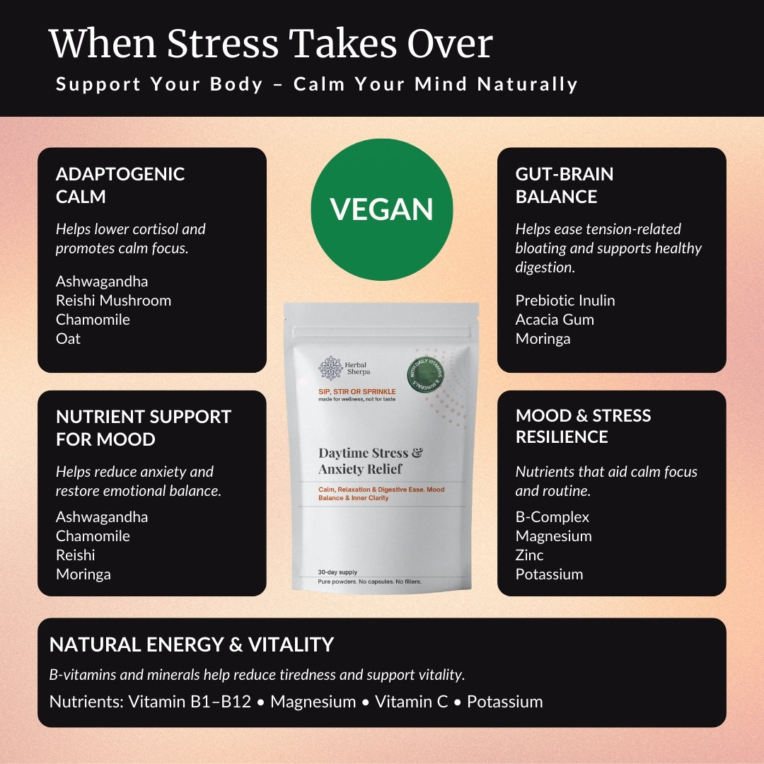 Daytime Stress & Mood Balance — Adaptogenic Calm, Natural Relaxation Support & Mental Wellbeing | 60g Vegan Powder Blend
