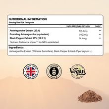 Load image into Gallery viewer, Organic Ashwagandha Extract Powder (High Strength) with Black Pepper. Easy to Mix with Smoothies and shakes. UK Made | 3 Month Supply 30g
