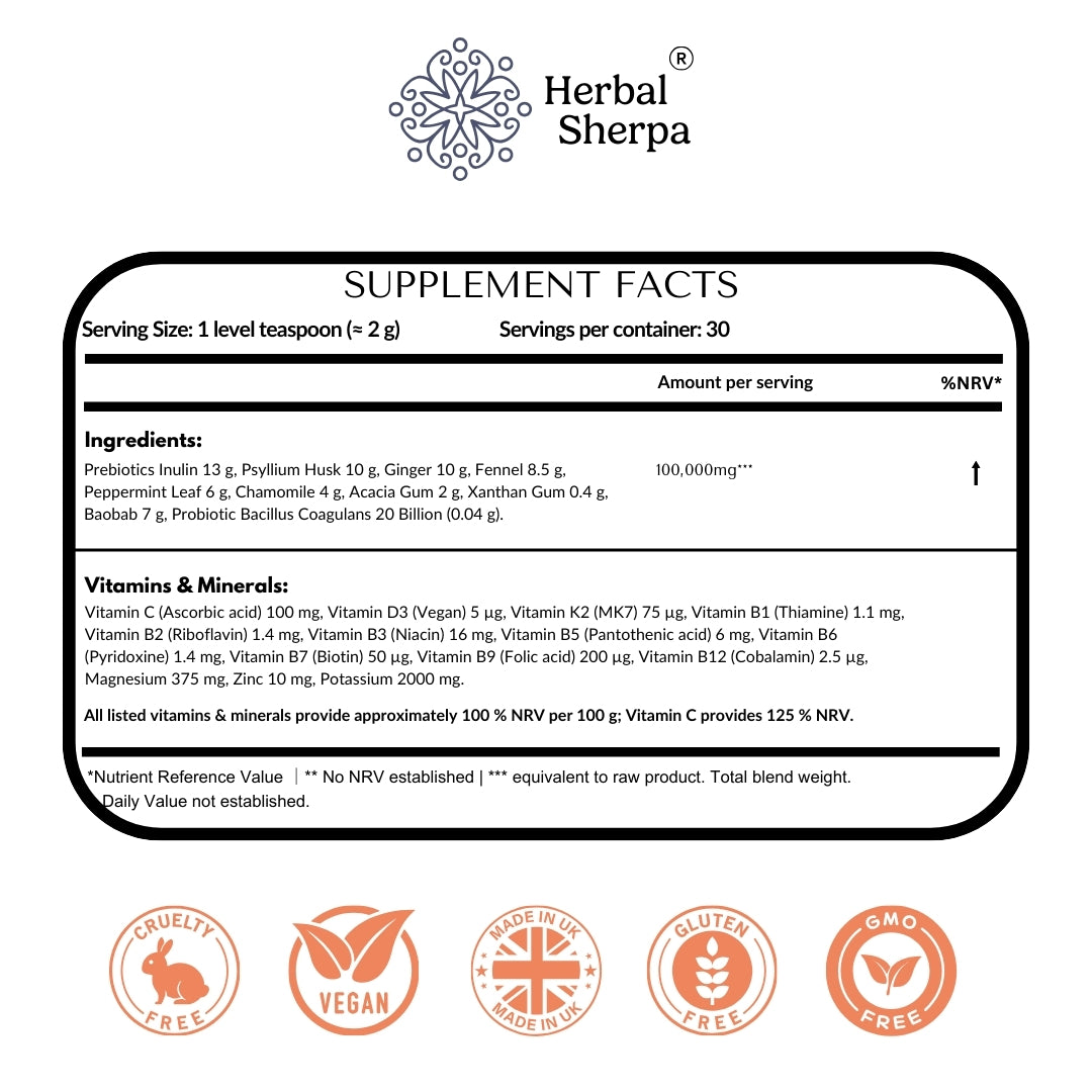 Digestive Balance & Gentle Cleanse — Daily Gut Support, Natural Fiber Blend & 20bn Probiotic Wellness | 60g Vegan Powder Blend