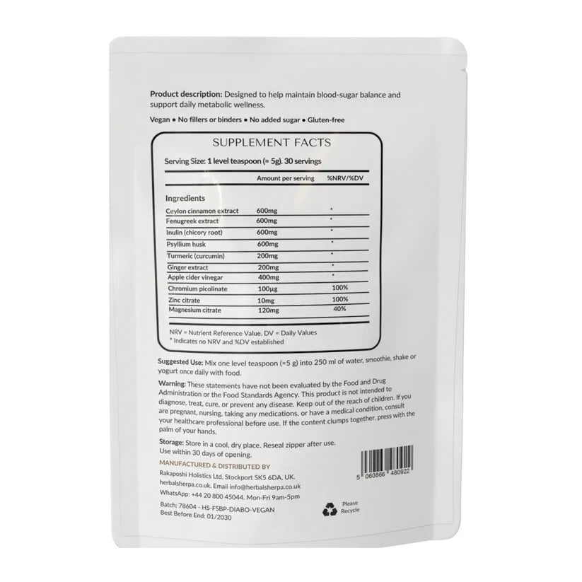 Made Fresh to Order: Blood Sugar Balance Blend – Ceylon Cinnamon, Fenugreek, Inulin, Psyllium – Vegan Herbal Powder for Daily Wellness & Metabolic Support (30-day Supply)